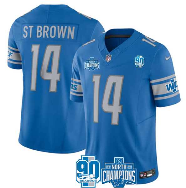 Men & Women & Youth Detroit Lions #14 Amon-Ra St. Brown Blue 2023 90th Anniversary North Division Champions Patch Limited Stitched Jersey